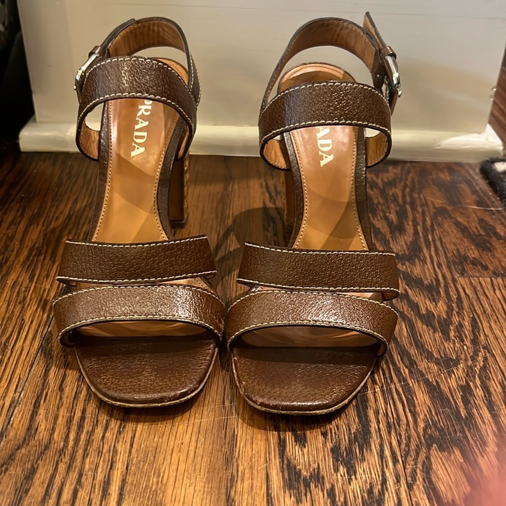 Prada Tan Leather Sandal with Woven Wicker Heel